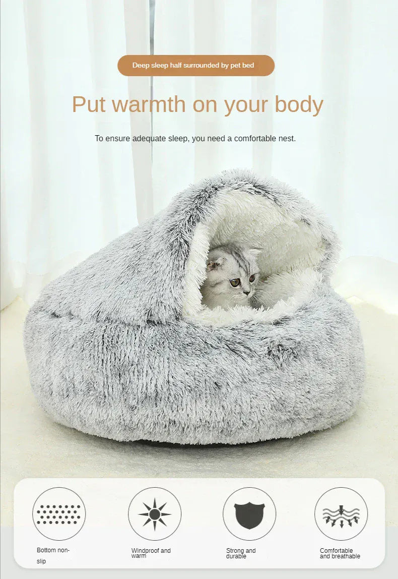 2-in-1 Cat Bed Winter Plush - Convertible Sleeping Bag & Round Cushion Pet Bed