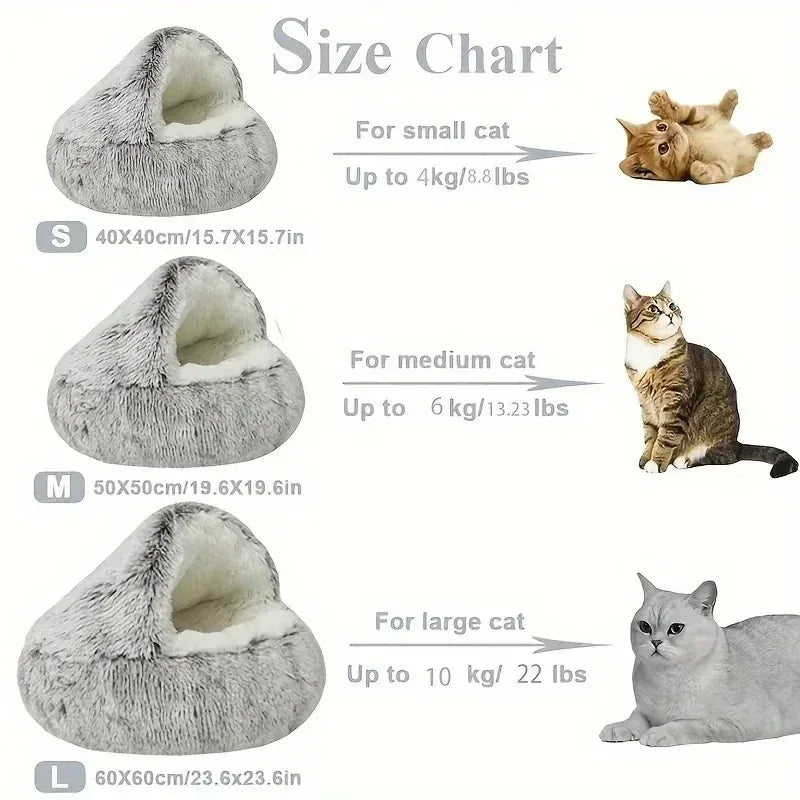2-in-1 Cat Bed Winter Plush - Convertible Sleeping Bag & Round Cushion Pet Bed