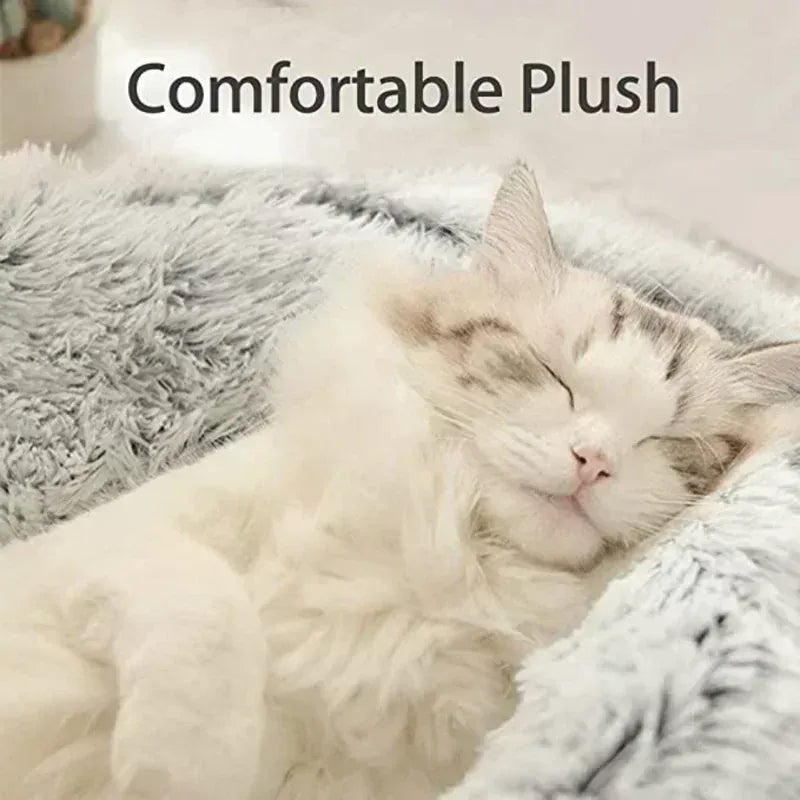 2-in-1 Cat Bed Winter Plush - Convertible Sleeping Bag & Round Cushion Pet Bed