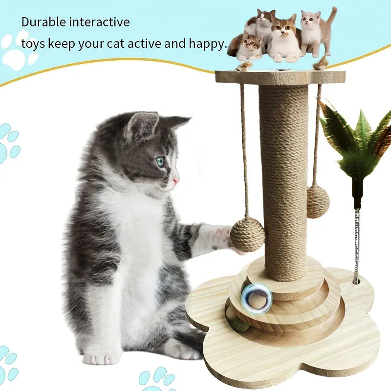2-in-1 Indoor Cat Scratching Post – Sisal Scratching Pad with Ball Track & Teaser Wand