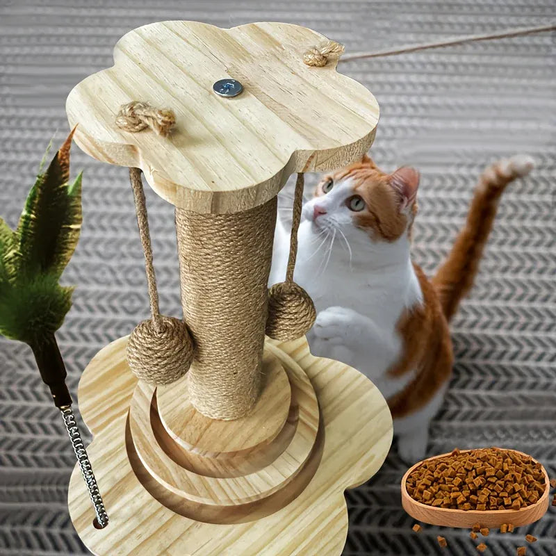 2-in-1 Indoor Cat Scratching Post – Sisal Scratching Pad with Ball Track & Teaser Wand