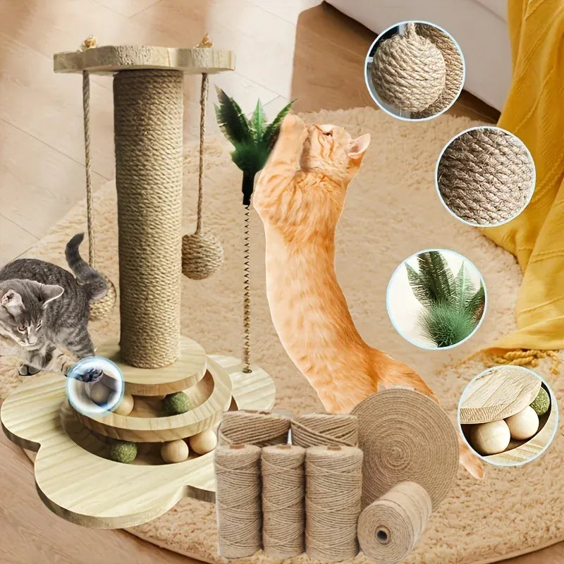 2-in-1 Indoor Cat Scratching Post – Sisal Scratching Pad with Ball Track & Teaser Wand