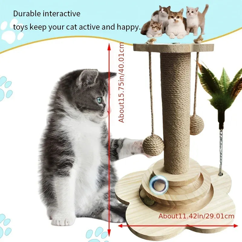 2-in-1 Indoor Cat Scratching Post – Sisal Scratching Pad with Ball Track & Teaser Wand