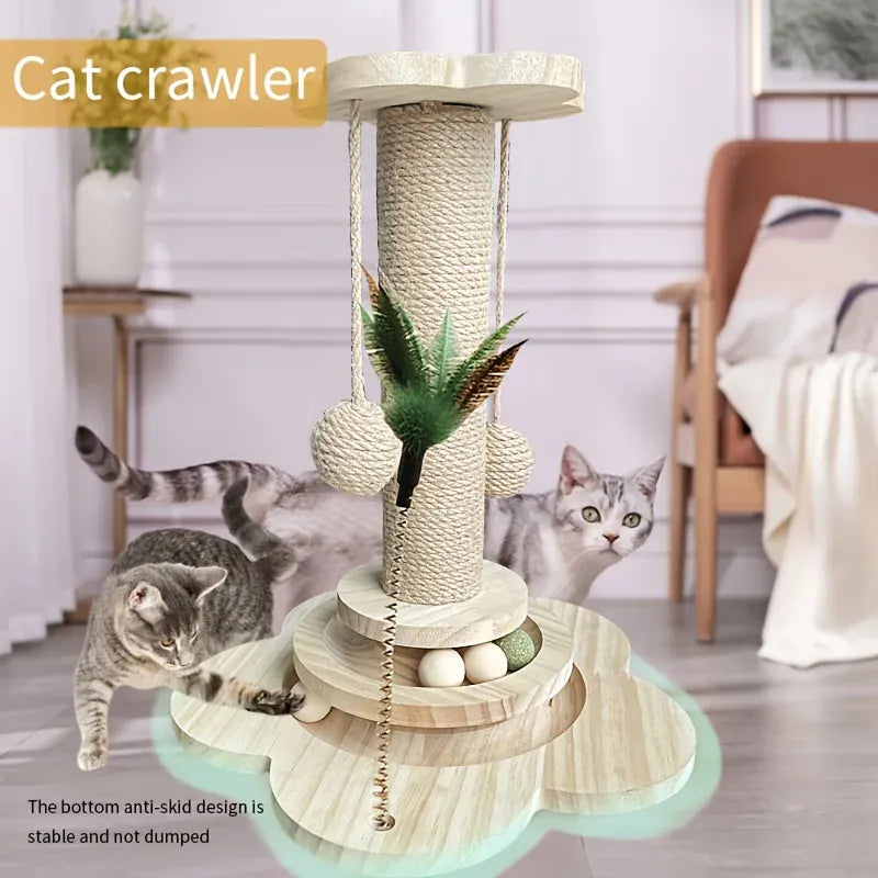 2-in-1 Indoor Cat Scratching Post – Sisal Scratching Pad with Ball Track & Teaser Wand