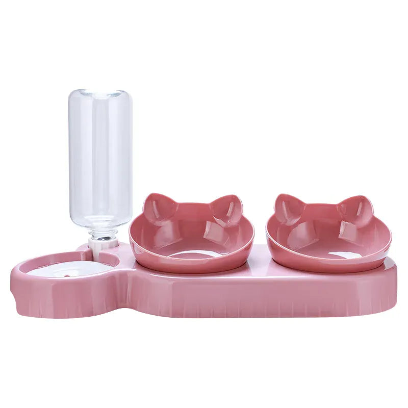 3-in-1 Cat Feeder & Water Dispenser - Ergonomic Double Bowl with Food Storage