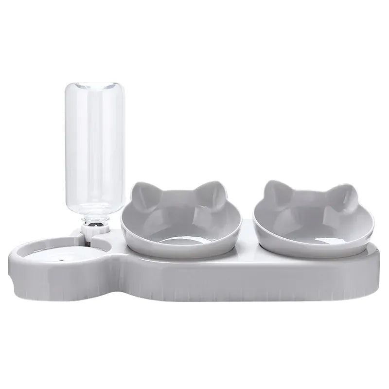 3-in-1 Cat Feeder & Water Dispenser - Ergonomic Double Bowl with Food Storage
