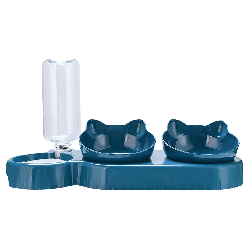 3-in-1 Cat Feeder & Water Dispenser - Ergonomic Double Bowl with Food Storage