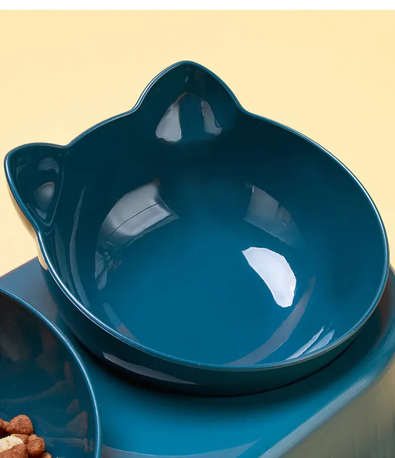 3-in-1 Cat Feeder & Water Dispenser - Ergonomic Double Bowl with Food Storage