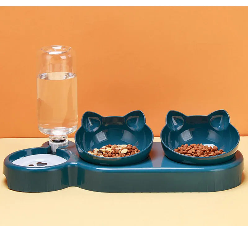 3-in-1 Cat Feeder & Water Dispenser - Ergonomic Double Bowl with Food Storage