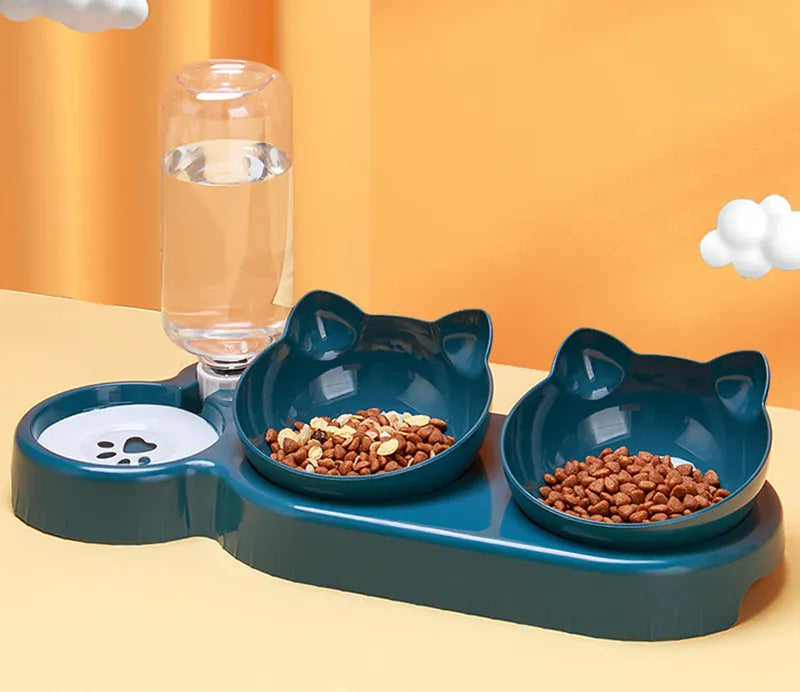3-in-1 Cat Feeder & Water Dispenser - Ergonomic Double Bowl with Food Storage