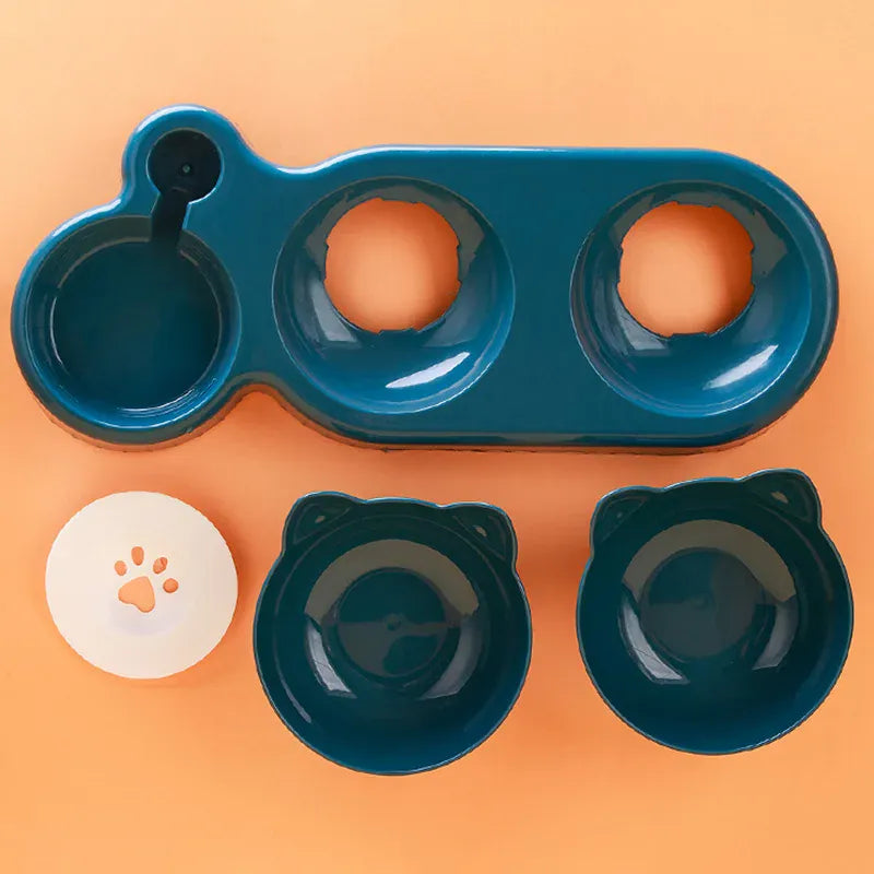 3-in-1 Cat Feeder & Water Dispenser - Ergonomic Double Bowl with Food Storage