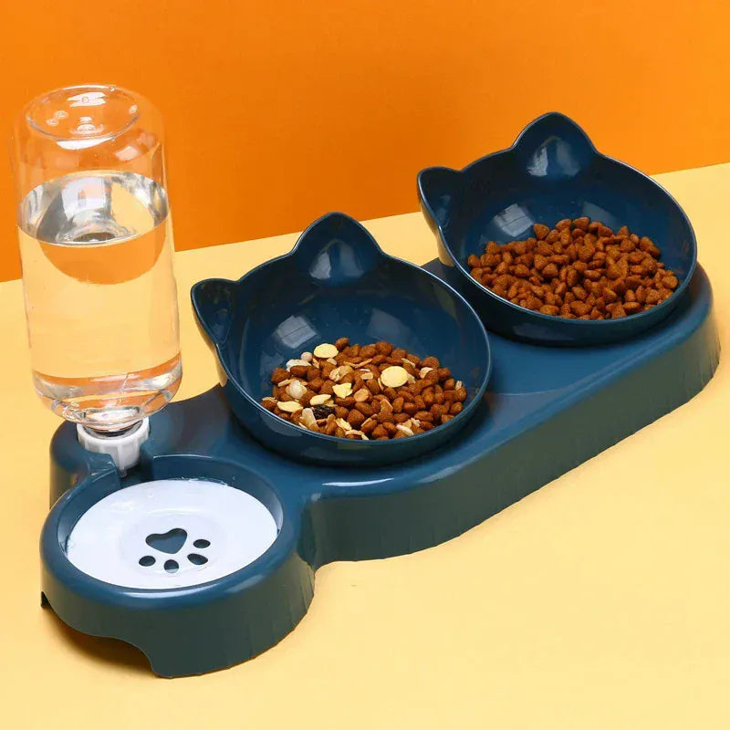 3-in-1 Cat Feeder & Water Dispenser - Ergonomic Double Bowl with Food Storage
