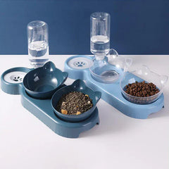 3-in-1 Cat Feeder & Water Dispenser - Ergonomic Double Bowl with Food Storage
