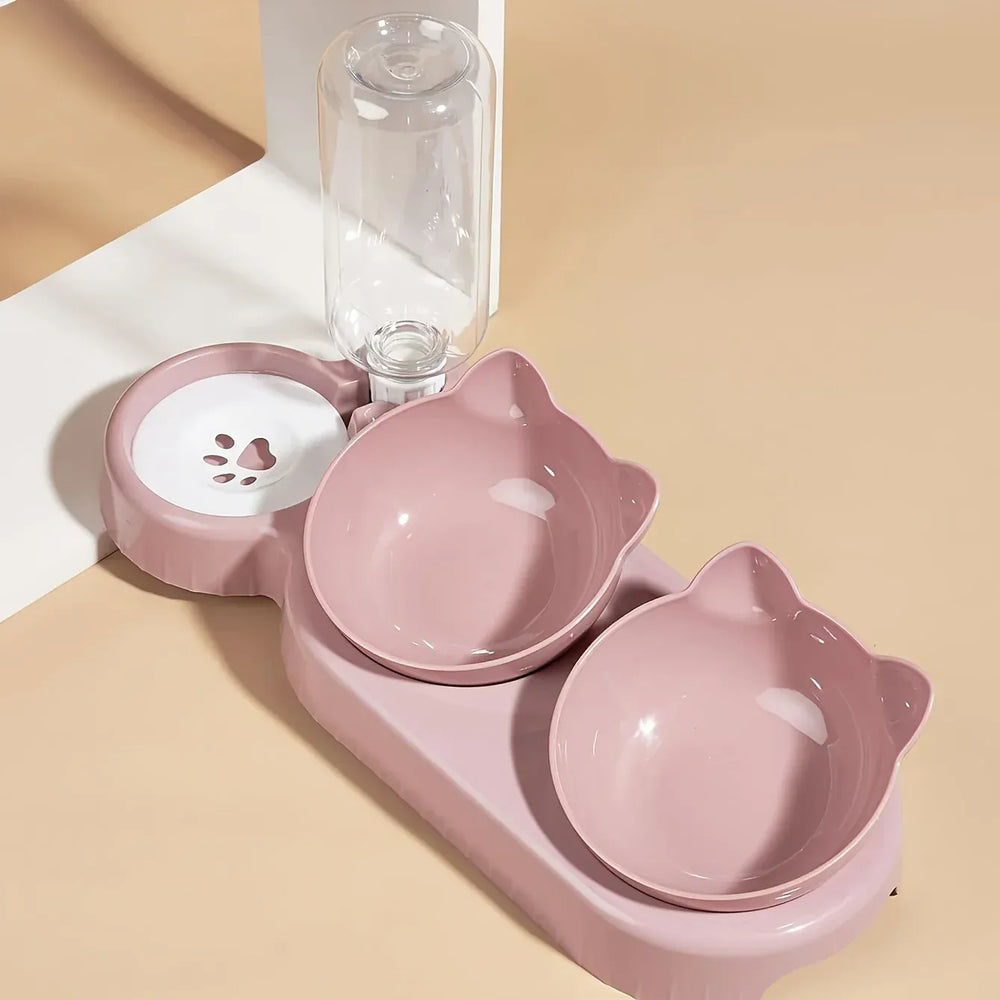 3-in-1 Ergonomic Cat Bowl Set - Tilted Food Dish with Gravity Water Dispenser