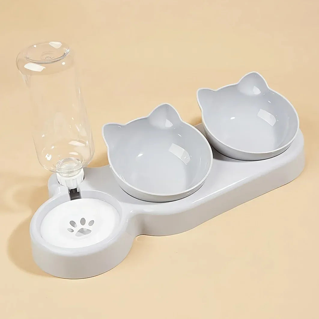 3-in-1 Ergonomic Cat Bowl Set - Tilted Food Dish with Gravity Water Dispenser