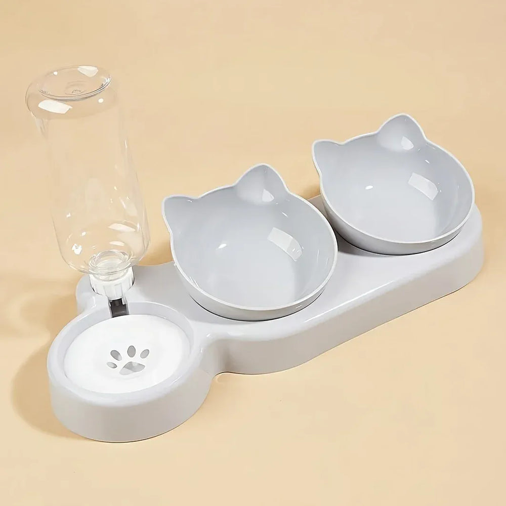 3-in-1 Ergonomic Cat Bowl Set - Tilted Food Dish with Gravity Water Dispenser
