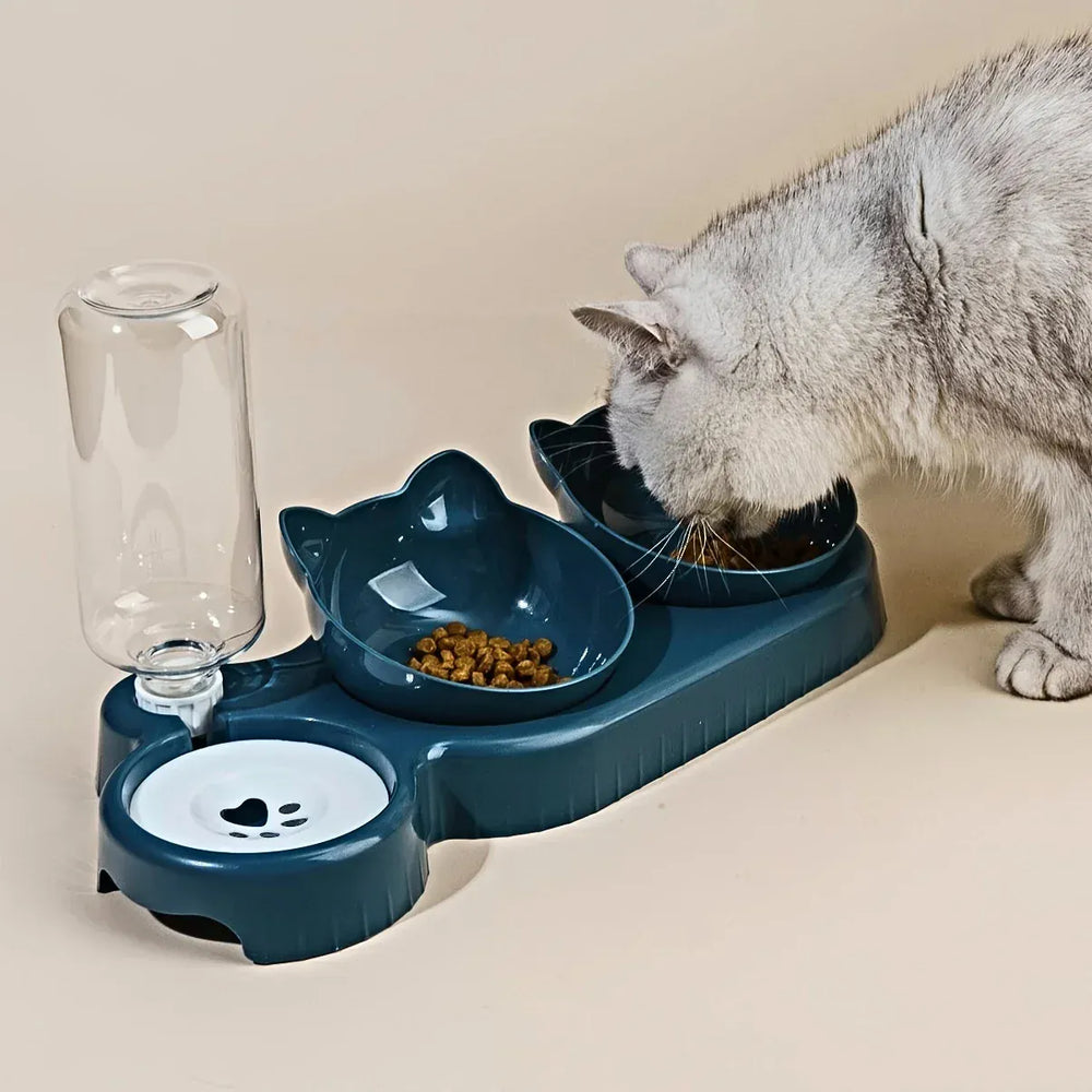 3-in-1 Ergonomic Cat Bowl Set - Tilted Food Dish with Gravity Water Dispenser