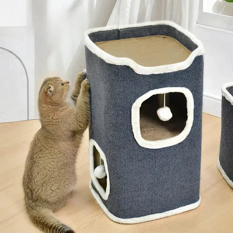 3-Tier Cat Condo with Hanging Toys - Multi-Level Covered Pet House