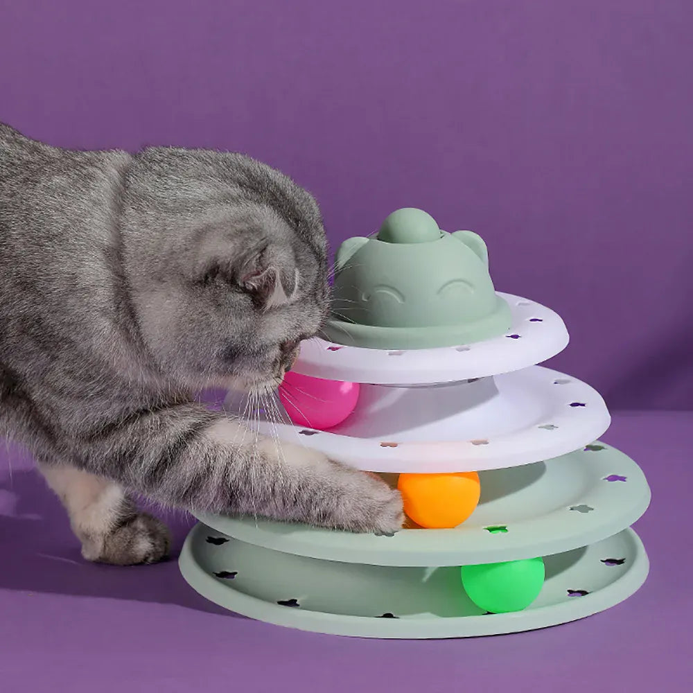 4-Level Cat Tower Toy - Interactive Turntable Roller Ball Track Puzzle Game