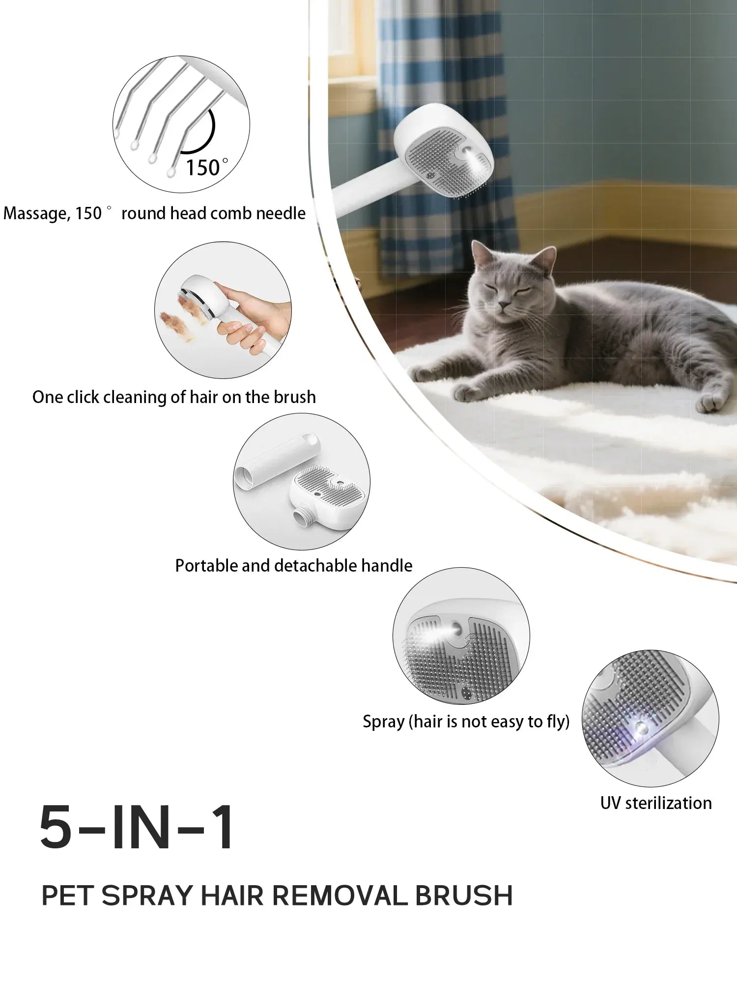 5-in-1 Pet Hair Brush with UV Sterilizer & Mist | Deshedding Grooming & Massage Comb for Dogs & Cats
