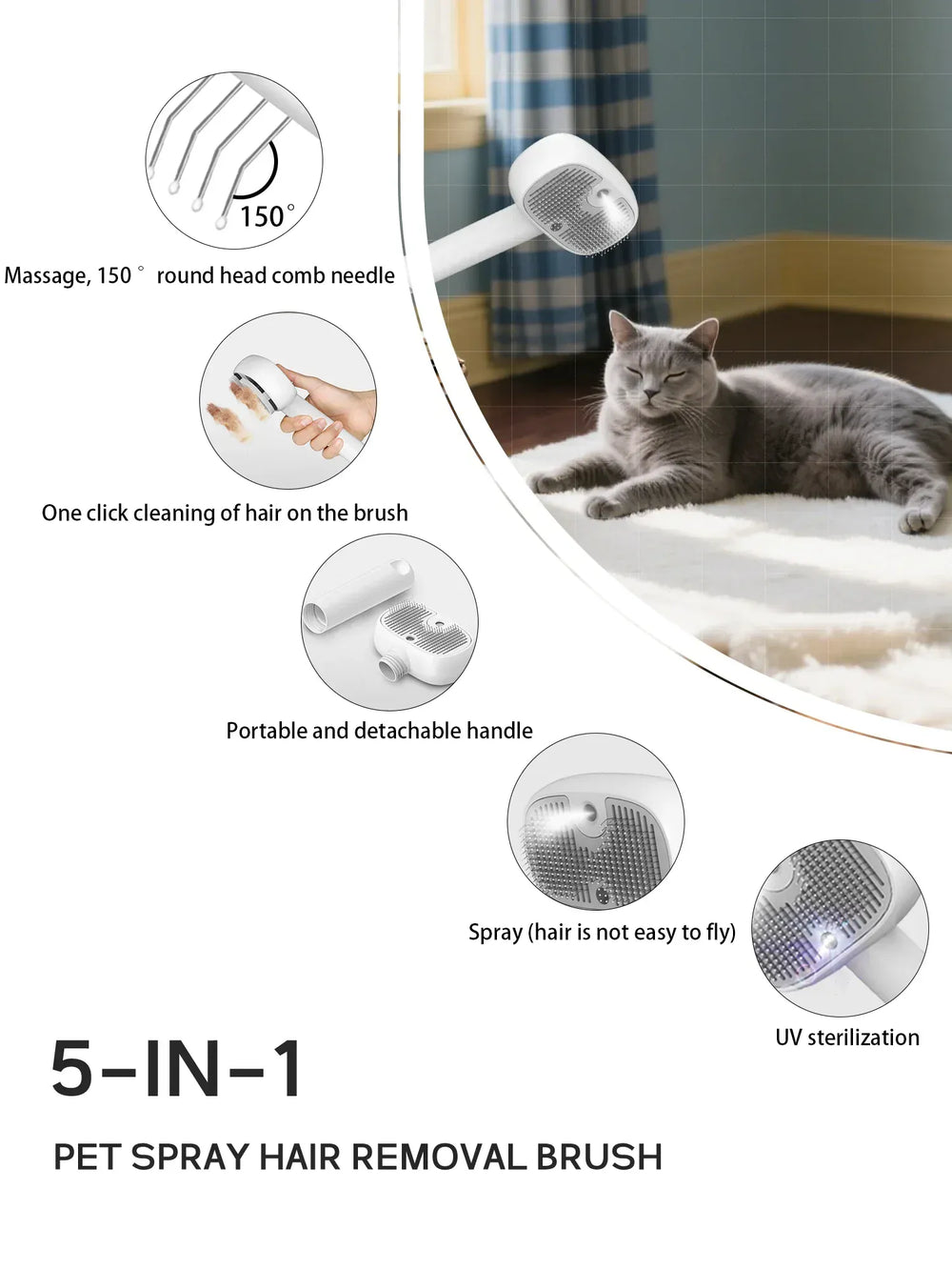 5-in-1 Pet Hair Brush with UV Sterilizer & Mist | Deshedding Grooming & Massage Comb for Dogs & Cats