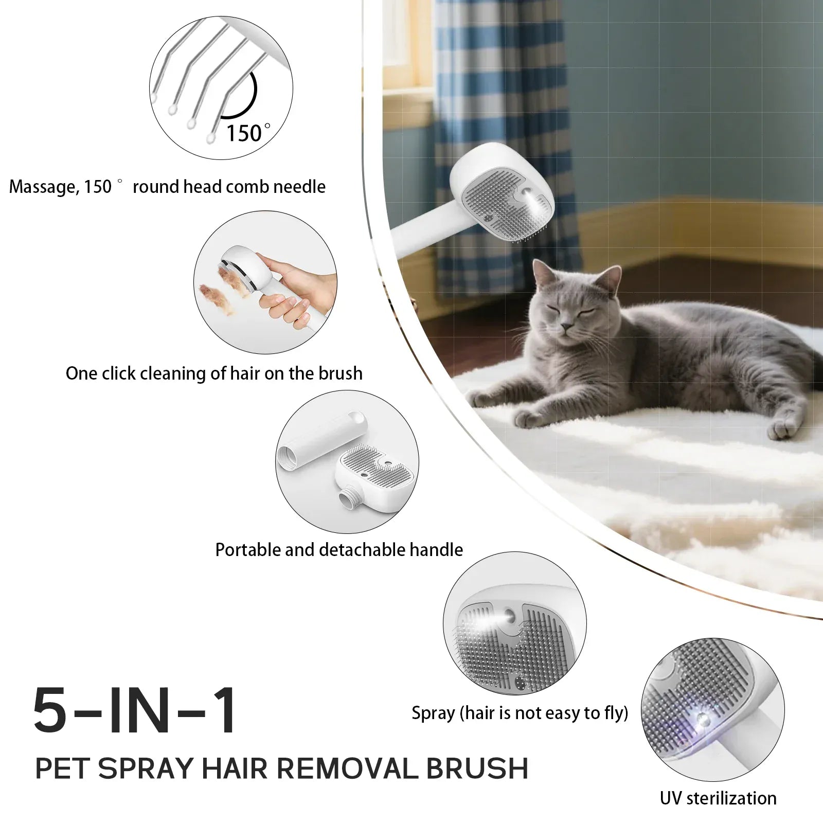5-in-1 Pet Hair Brush with UV Sterilizer & Mist | Deshedding Grooming & Massage Comb for Dogs & Cats