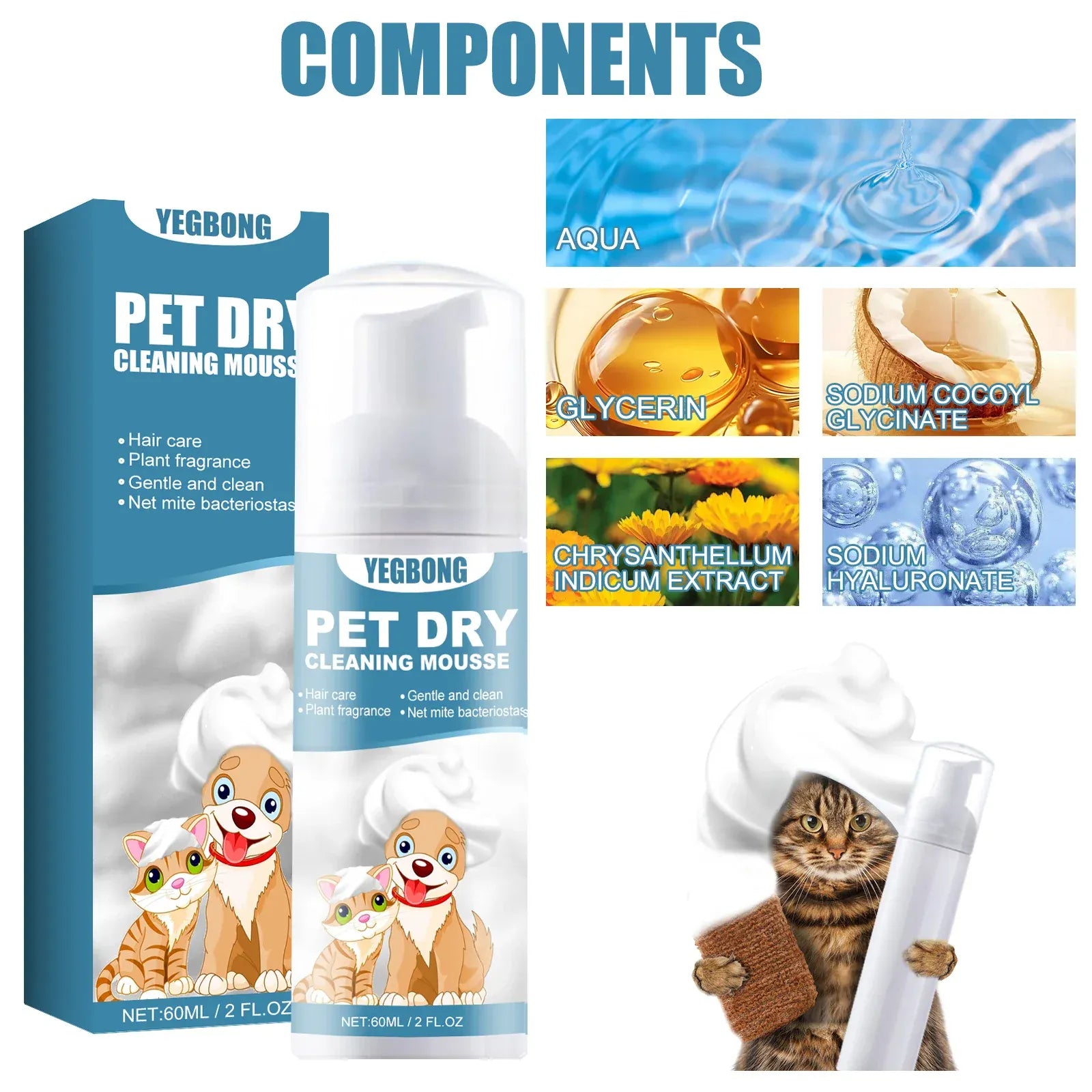 60ml Pet Dry Cleaning Shampoo Mousse | Waterless Grooming Foam for Dogs & Cats | Gentle, Safe, No-Rinse Deodorant | Outdoor & Travel Bath Supplies
