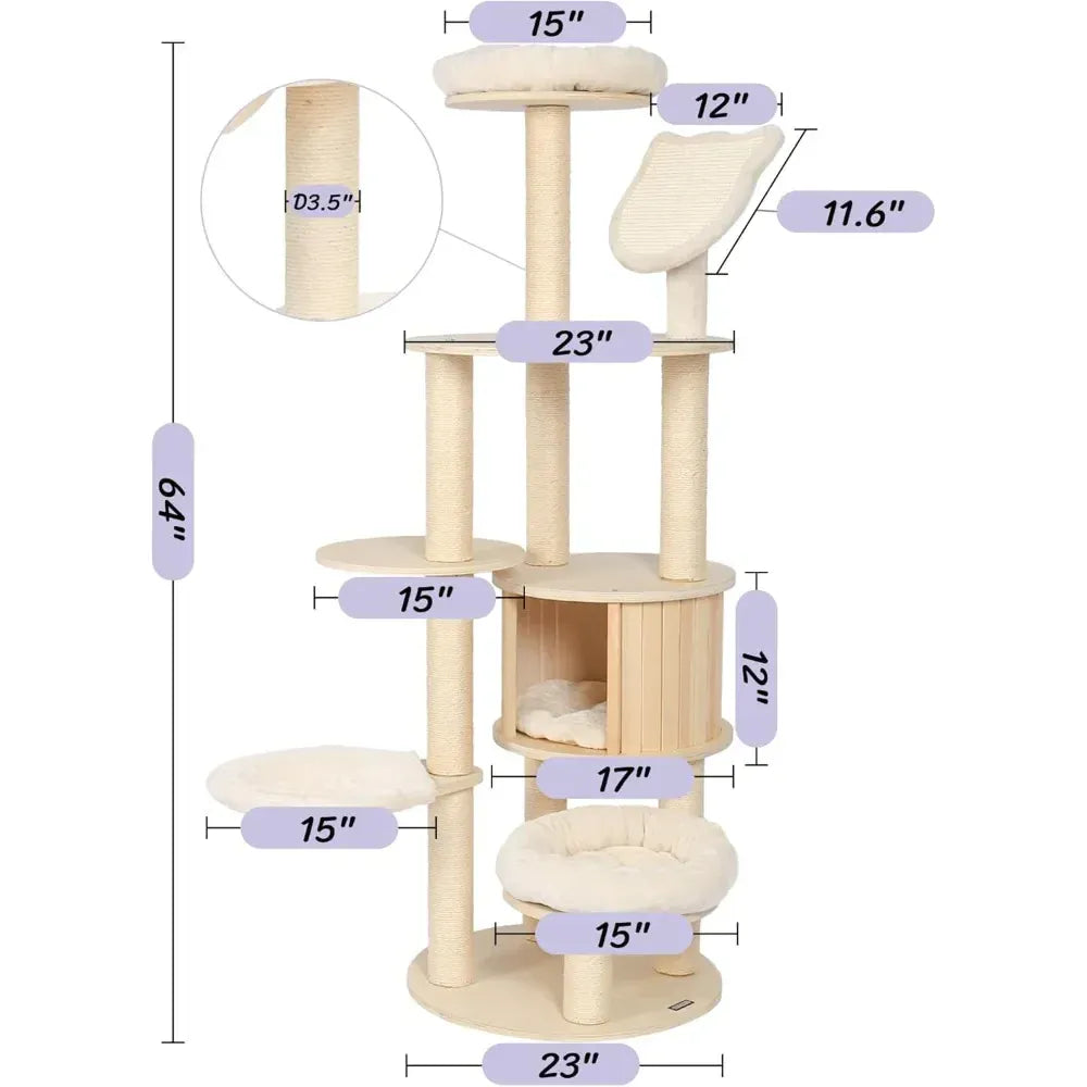 64" Tall Cat Tree - Wooden Cat Tower with Condo, Hammock & Perch Modern