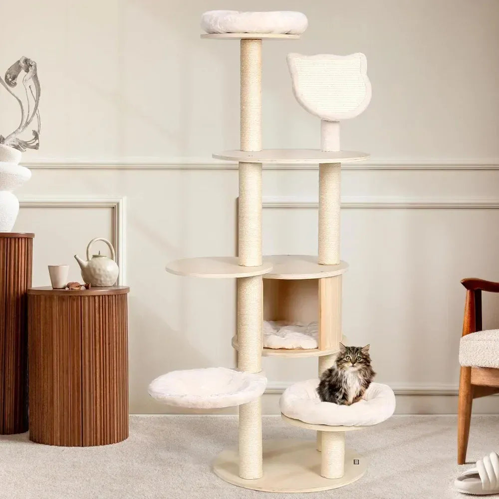 64" Tall Cat Tree - Wooden Cat Tower with Condo, Hammock & Perch Modern