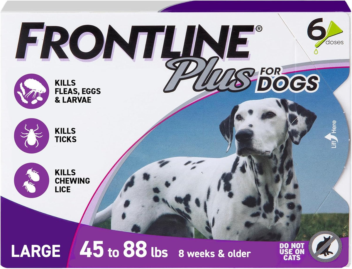 Frontline Plus Flea & Tick Treatment for Large Dogs (45-88 lbs), 6-Dose Pack.