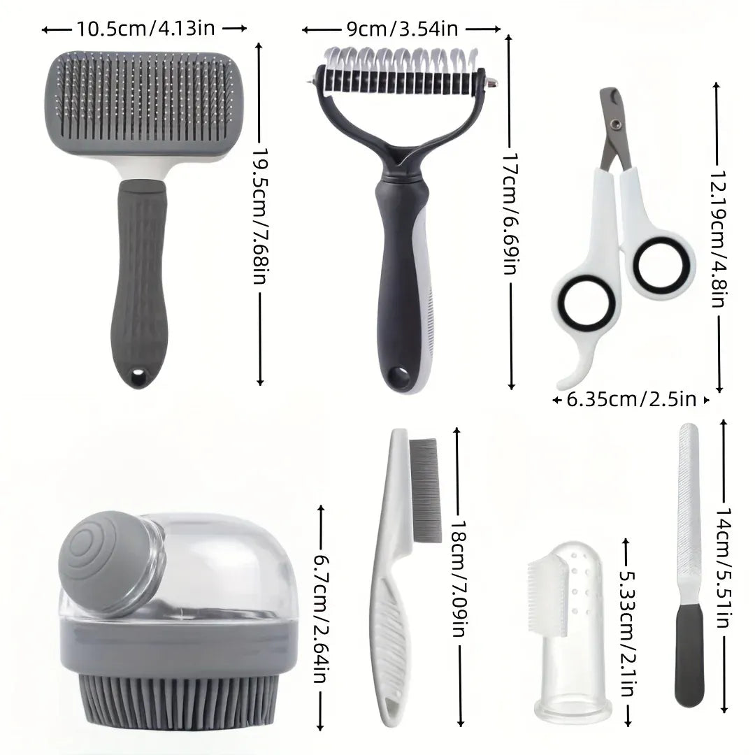 8pcs Dog Grooming Kit | Self-Cleaning Pet Grooming Set with Nail Clippers, Flea Comb, Shampoo Brush & Hair Remover