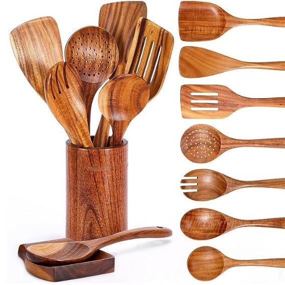 Solid Wood Spatula Set Of Nine