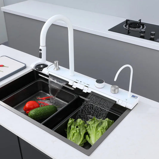 Modern 304 Stainless Steel Single Bowl Kitchen Sink with White Waterfall Faucet Multifunctional Square Shape