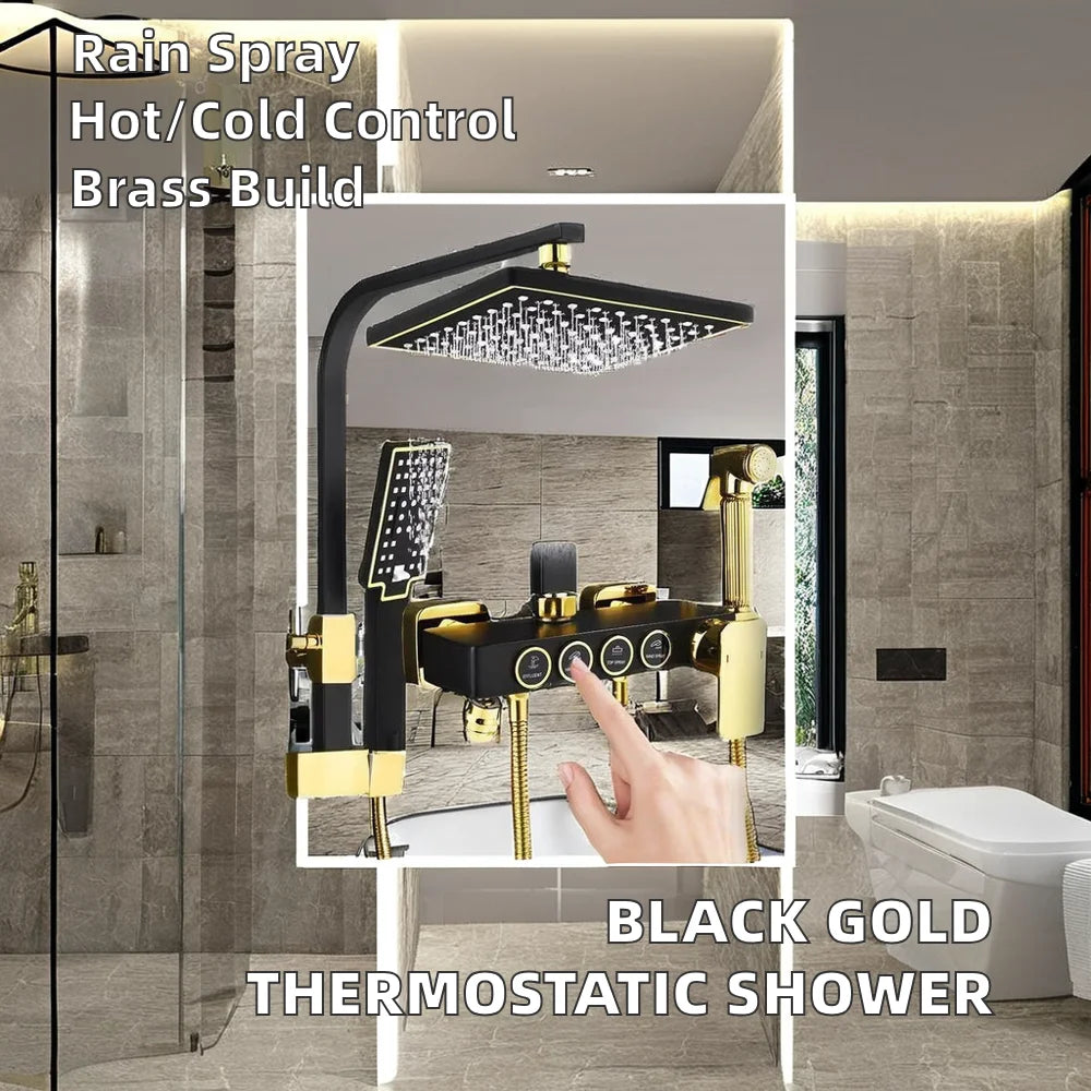 Single-Handle Thermostated Brass Bath Faucets Black Gold Square Bathroom Shower System Rainfall Soft Ceramic Hotels Villas
