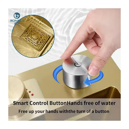 Tiktok New Trend Gold Waterfall One Piece Faucet Nano 304 Sus Waterfall Faucet 5 Piano Key Golden Farmhouse Kitchen Sinks
