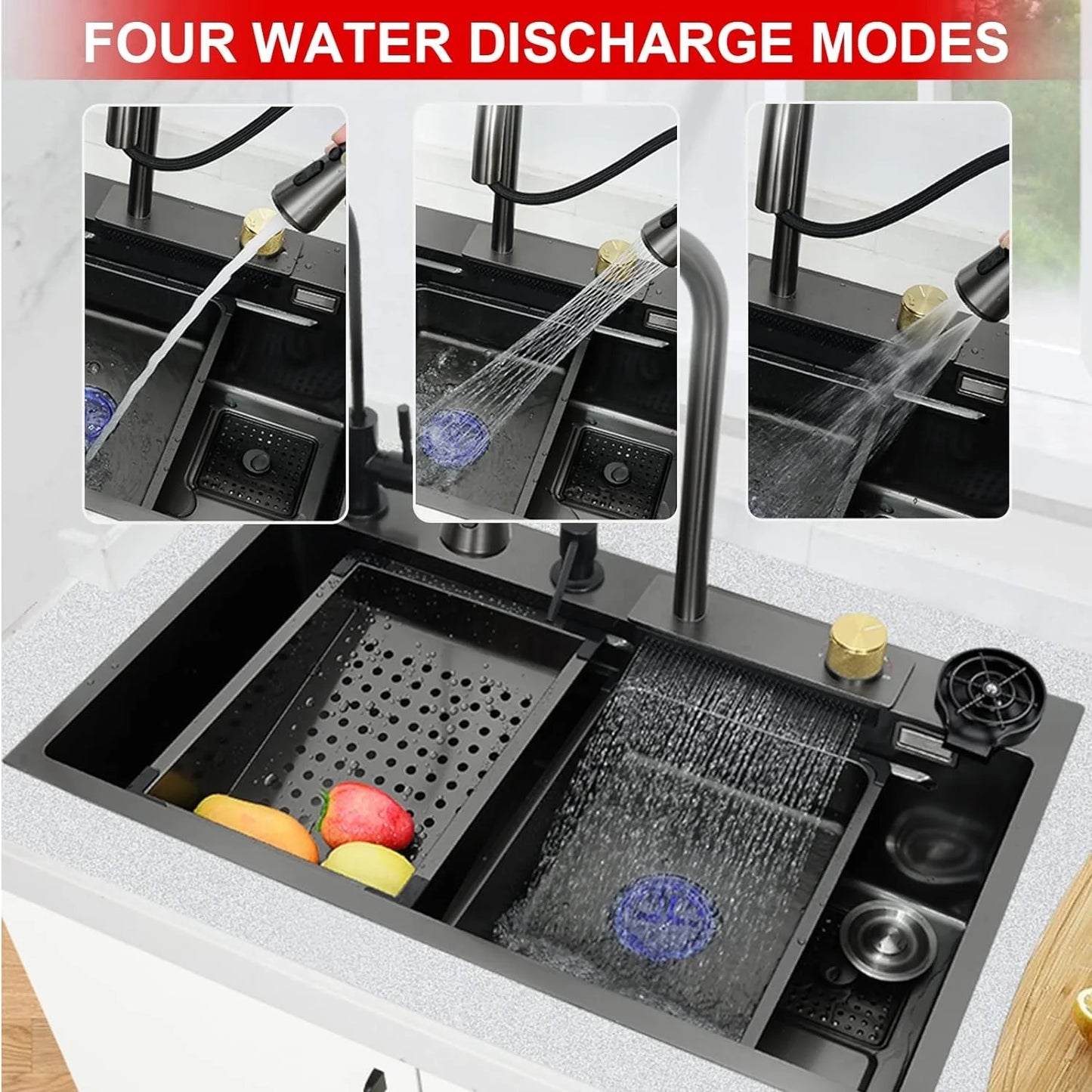 Factory Price Black Color 304 Stainless Steel Kitchen Furniture Waterfall Cup Washer Smart Kitchen Sink for Home