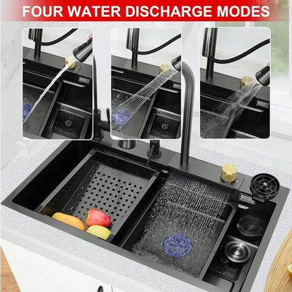 Factory Price Black Color 304 Stainless Steel Kitchen Furniture Waterfall Cup Washer Smart Kitchen Sink for Home