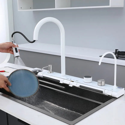 Modern 304 Stainless Steel Single Bowl Kitchen Sink with White Waterfall Faucet Multifunctional Square Shape