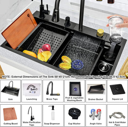 Factory Price Black Color 304 Stainless Steel Kitchen Furniture Waterfall Cup Washer Smart Kitchen Sink for Home