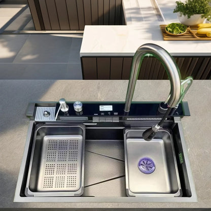 Hot Sale Stainless Steel 304 Single Bowl Kitchen Handmade Sinks Counter Single Piano Button Waterfall Design with Faucet