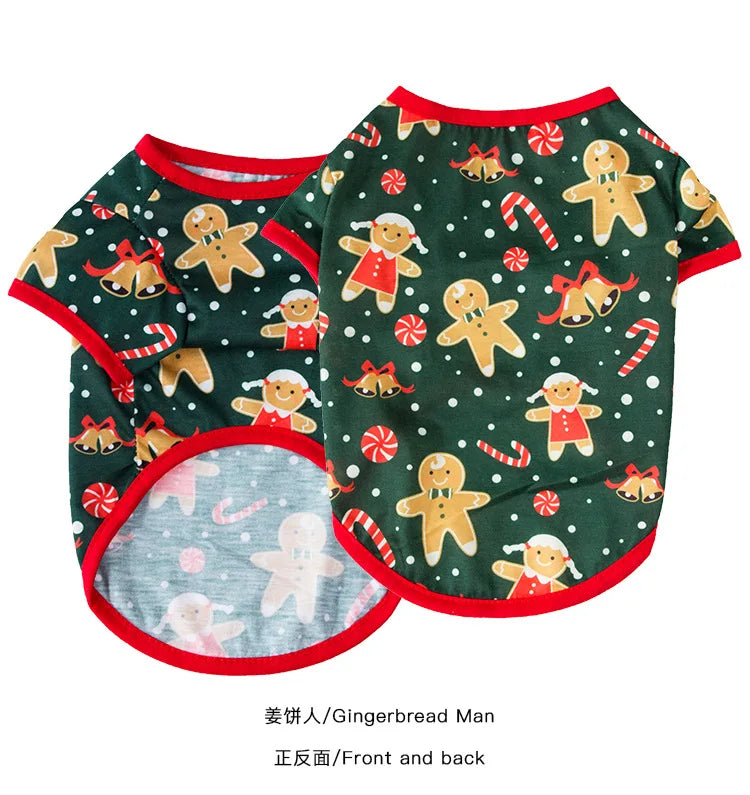 Christmas Pet T-Shirt 2025 – Classic Cotton Dog & Cat Outfit with Santa, Elk & Snowflake Print | Holiday Pet Clothes