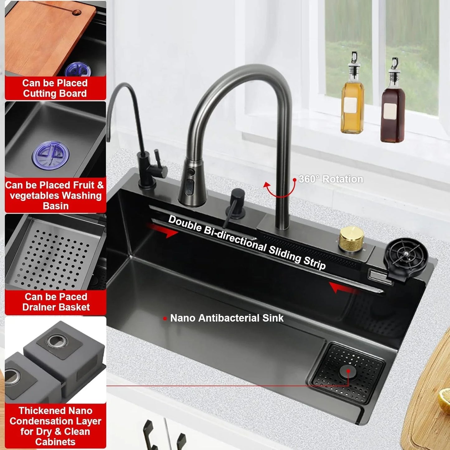 Factory Price Black Color 304 Stainless Steel Kitchen Furniture Waterfall Cup Washer Smart Kitchen Sink for Home