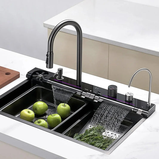 2025 Popular Large Single Slot Multifunction Sink Anti-Scratch LED Digital Display 304 Stainless Steel Waterfall Kitchen Sinks