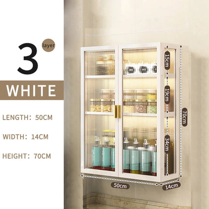 3-Tier Metal Spice Organizer Rack Wall Mount Seasoning Box Punch-Free Bathroom Toilet Vanity Storage Cabinet Dust-Proof Shelf
