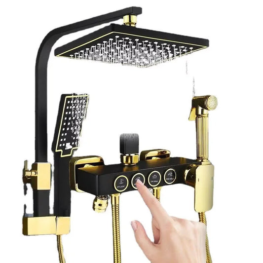 Single-Handle Thermostated Brass Bath Faucets Black Gold Square Bathroom Shower System Rainfall Soft Ceramic Hotels Villas