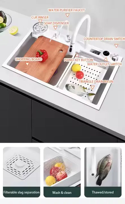 Tiktok Hot Sale Stainless Steel 304 White Gunmetal White Waterfall Digital Display Faucet Kitchen Sinks With Cup Washer