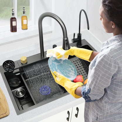 Factory Price Black Color 304 Stainless Steel Kitchen Furniture Waterfall Cup Washer Smart Kitchen Sink for Home