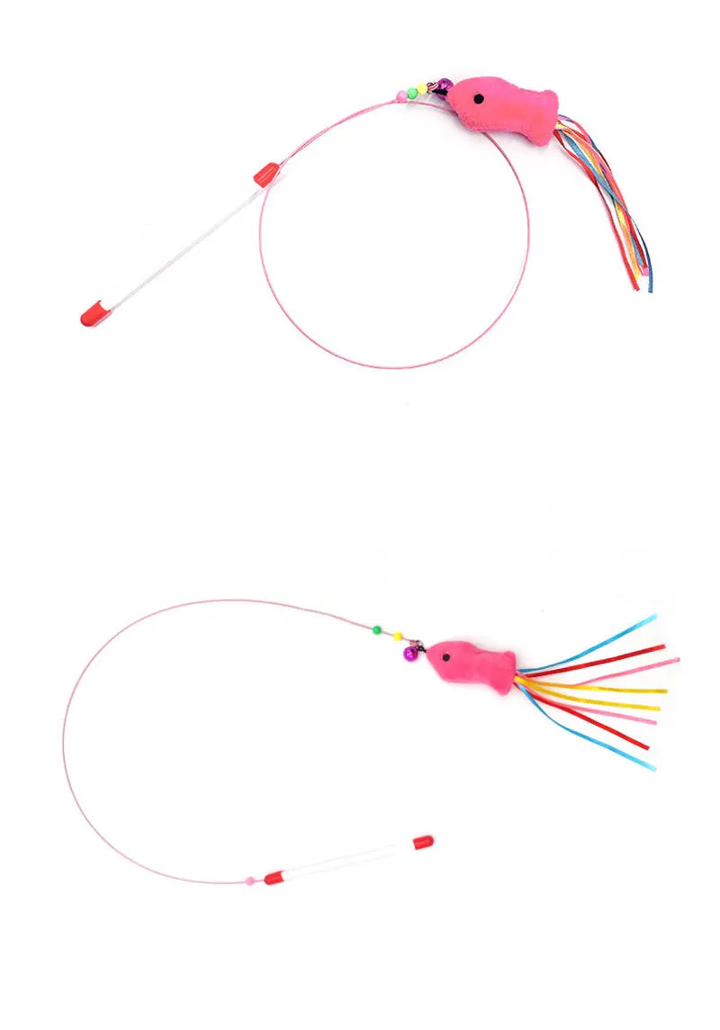 Elastic Metal Boom Tease Cat Stick Funny Wand Toy + 3 Pcs Replaceable Plush Fake Fishes Interactive With Kitten Pets Make Fun