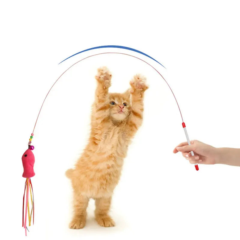 Elastic Metal Boom Tease Cat Stick Funny Wand Toy + 3 Pcs Replaceable Plush Fake Fishes Interactive With Kitten Pets Make Fun