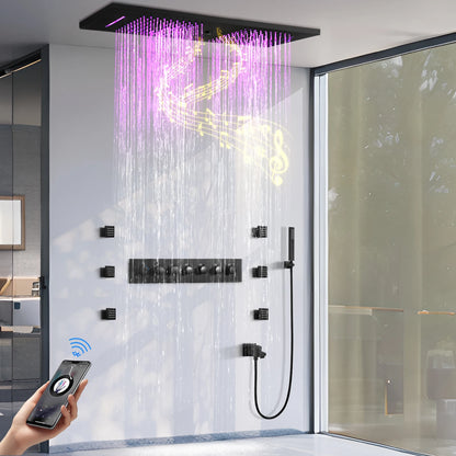 Luxury Bluetooth Concealed Ceiling Shower System with Led Lights and Thermostat Modern Bathroom Hidden Faucet with Body Jet